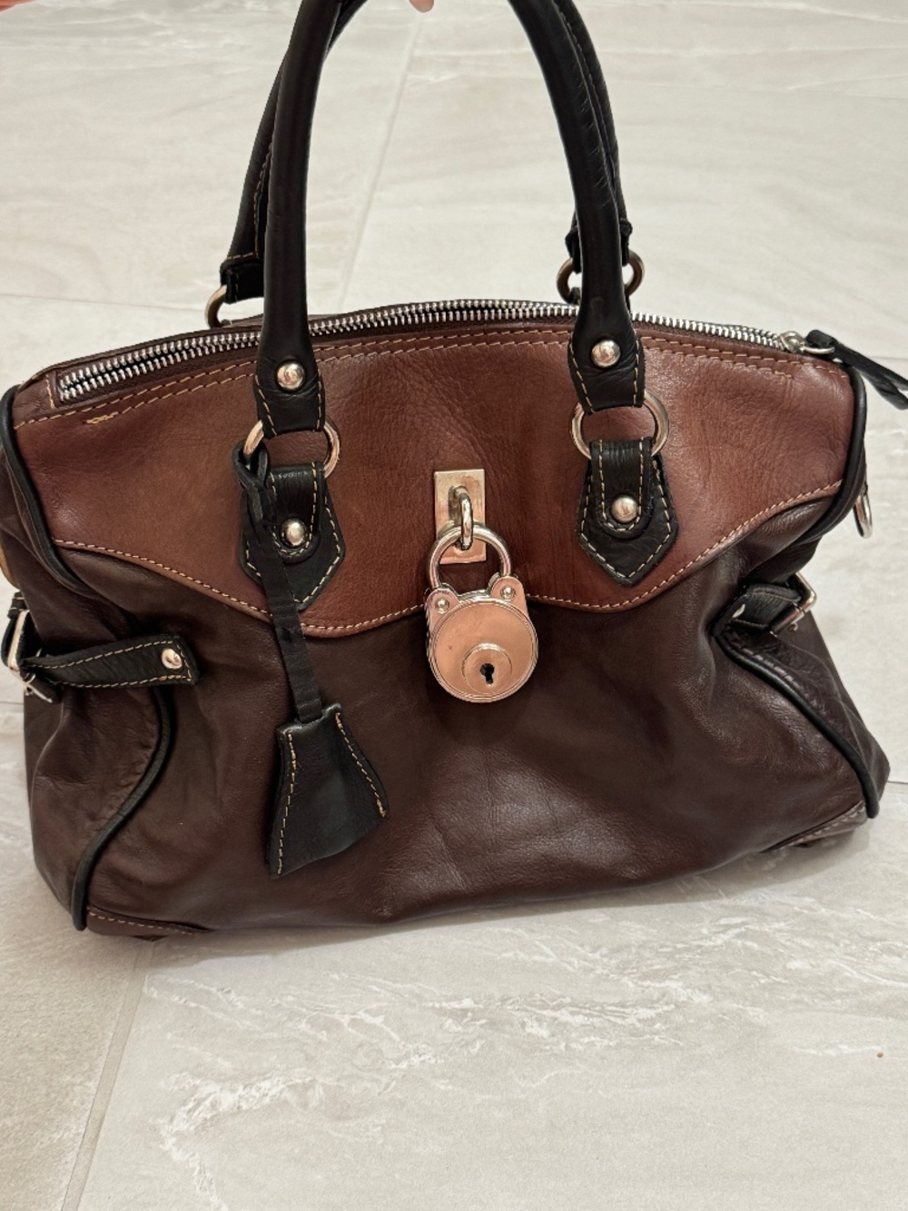 Genuine Leather Italian Brown Satchel Bag Locket Detail